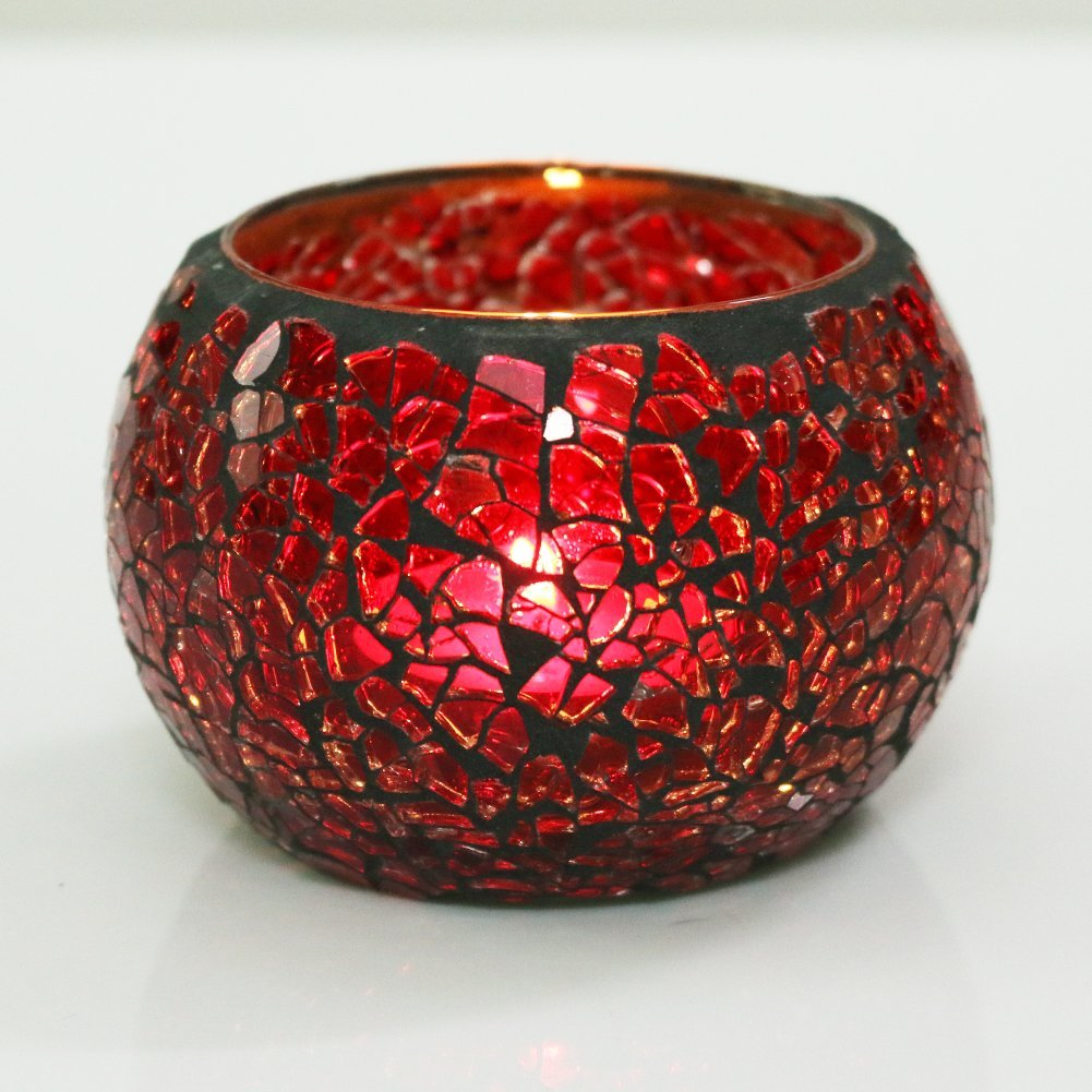 Tealight Candle holders Handmade Glass Mosaic Design (Red)